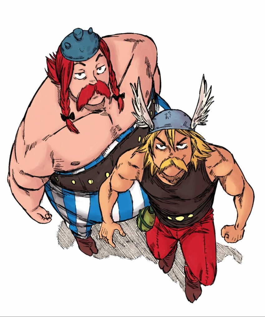 2boys asterix asterix_and_obelix bare_shoulders black_ribbon blonde_hair blue_pants braid brown_footwear facial_hair flask french_commentary from_above hair_ribbon helmet highres multiple_boys muscular muscular_male mustache obelix pants red_hair red_pants reda_kaaaa ribbon simple_background spiked_helmet topless_male two-tone_pants white_background white_pants winged_helmet