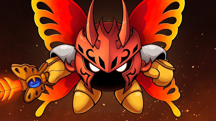 armor butterfly_wings embers gloves highres holding holding_sword holding_weapon insect_wings kirby_(series) looking_at_viewer morpho_knight ne0n nintendo no_humans pauldrons shoulder_armor solo straight-on sword twitter_username weapon white_eyes wings yellow_gloves