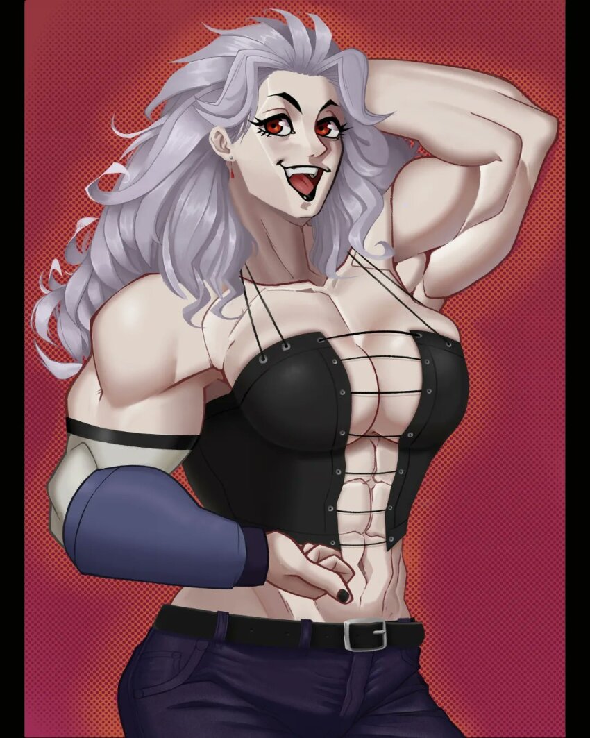 1girl 2023 :d abs arm_behind_head belt black_belt black_corset black_lips black_nails blue_pants breasts center_opening clenched_hands collarbone commentary corset cropped_legs curly_hair desn dorohedoro earrings english_commentary female_focus gradient_background happy highres jewelry large_breasts long_hair looking_at_viewer muscular muscular_arms muscular_female noi_(dorohedoro) open_mouth pants parted_bangs patterned_background purple_background red_eyes smile solo white_hair