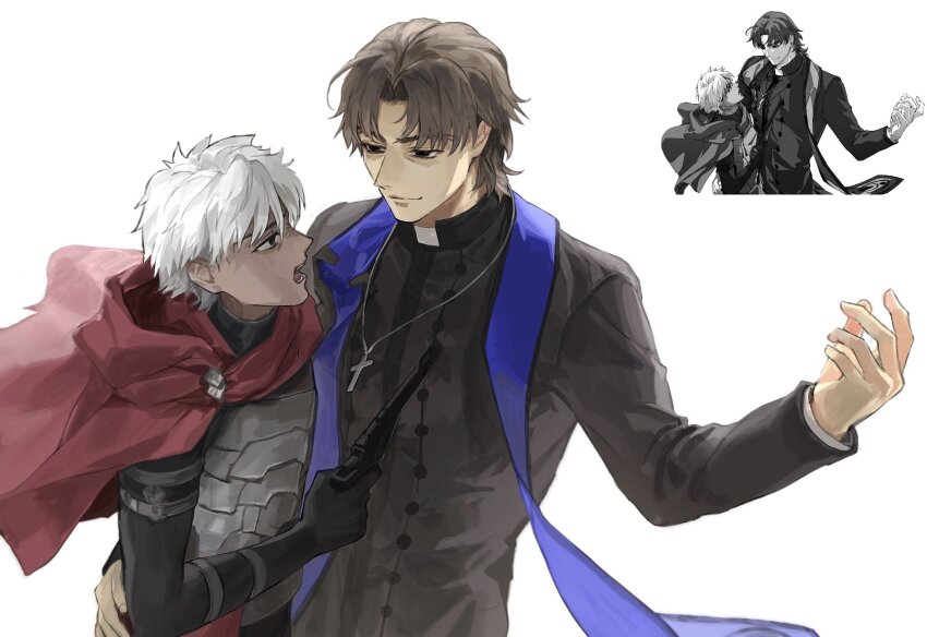 2boys armor artist_collaboration at_gunpoint black_eyes brown_hair cherroppi cloak commentary_request cross cross_necklace dark-skinned_male dark_skin emiya_kiritsugu emiya_kiritsugu_(assassin) fate/grand_order fate_(series) gloves gun gyogyo_hjj highres holding holding_gun holding_weapon jewelry korean_commentary kotomine_kirei latin_cross long_sleeves male_focus multiple_boys necklace open_mouth priest rasputin_(fate) redrawn reference_inset short_hair simple_background smile stole upper_body weapon white_background white_hair