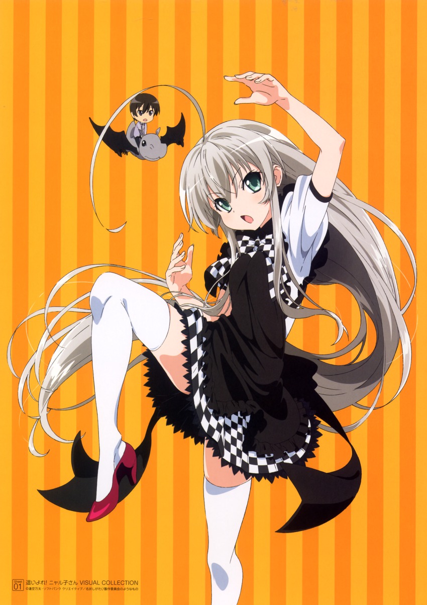 1boy 1girl absurdres ahoge arm_up black_dress bow checkered_bow checkered_clothes checkered_skirt chibi dress haiyore!_nyaruko-san high_heels highres long_hair looking_at_viewer nyarlathotep_(nyaruko-san) official_art puffy_short_sleeves puffy_sleeves red_footwear shantak_(nyaruko-san) shoes short_sleeves simple_background skirt standing standing_on_one_leg striped_background thighhighs two-tone_background very_long_hair yasaka_mahiro zettai_ryouiki
