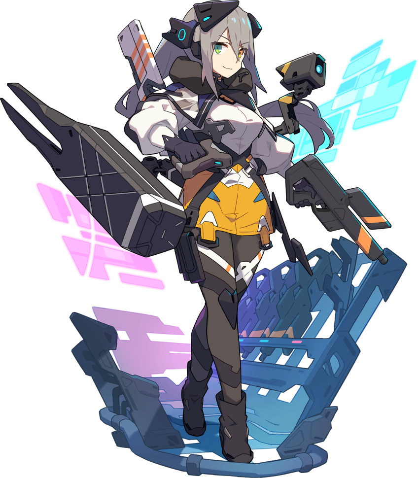 1girl :3 artist_request assault_rifle baretta_(world_flipper) black_boots black_gloves black_pantyhose boots breasts camera capelet closed_mouth female_focus full_body gloves green_eyes grey_hair gun happy headgear heel_up heterochromia highres holding holding_gun holding_shield holding_weapon holographic_interface knee_pads long_hair long_sleeves looking_at_viewer medium_breasts miniskirt non-web_source official_art pantyhose pencil_skirt pouch puffy_long_sleeves puffy_sleeves rifle see-through_clothes shield shirt sidelocks skirt smile soldier solo standing thigh_pouch thigh_strap transparent_background trigger_discipline v-shaped_eyebrows weapon weapon_on_back weapon_rack white_shirt world_flipper yellow_eyes yellow_skirt