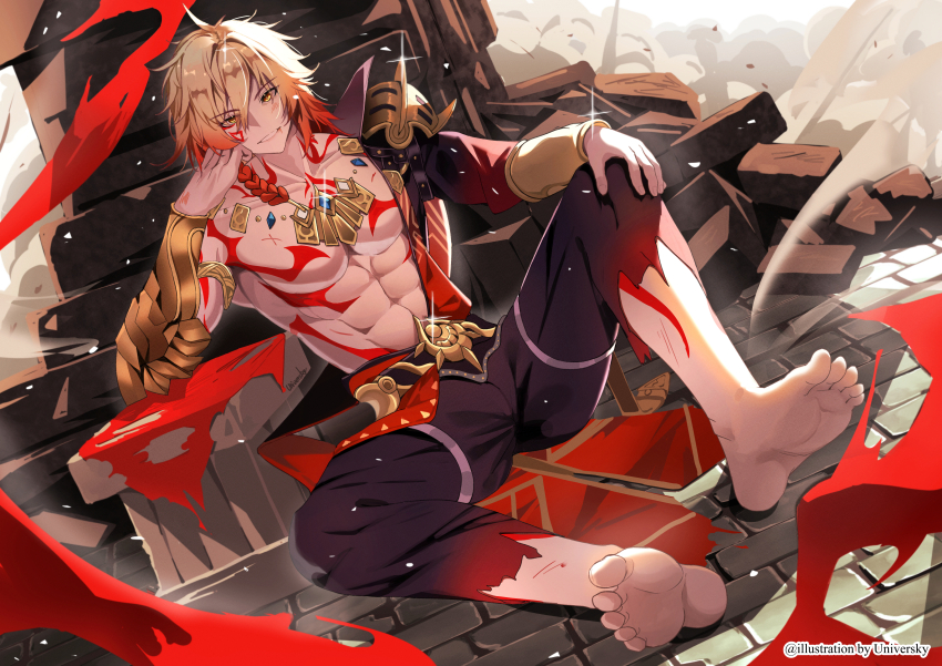 1boy abs absurdres arm_tattoo armlet armor bare_pectorals barefoot black_coat black_pants blonde_hair braid chest_tattoo coat commentary earrings facial_tattoo gold_earrings gold_necklace gradient_hair hair_between_eyes highres honkai:_star_rail honkai_(series) injury jewelry male_focus medium_hair multicolored_hair mydei_(honkai:_star_rail) navel necklace open_clothes open_coat pants pauldrons pectorals red_hair red_tattoo shoulder_armor side_braid single_pauldron solo tattoo toned toned_male torn_clothes torn_pants universkyyy yellow_eyes