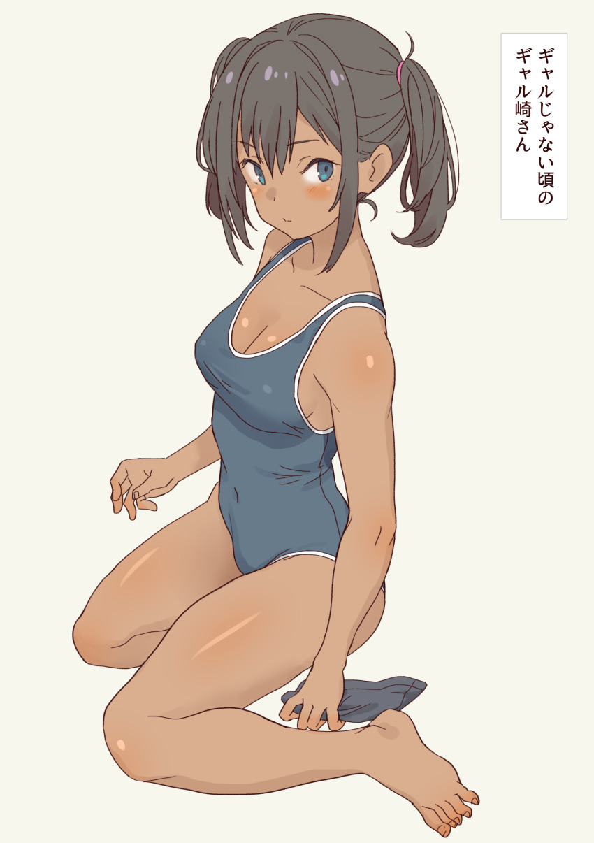 1girl absurdres barefoot blue_eyes blush breasts brown_background brown_hair check_translation daipunch dark_skin galzaki-san_(daipunch) highres looking_at_viewer looking_to_the_side medium_breasts one-piece_swimsuit original school_swimsuit sidelocks simple_background sitting solo swim_cap swimsuit tan translation_request twintails unworn_swim_cap wariza