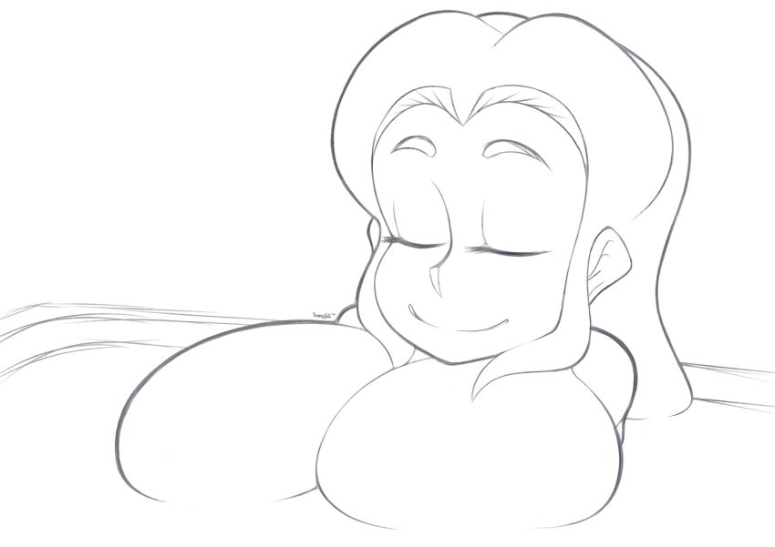 1girl artist_name bath bathtub breasts closed_eyes floating_breasts highres large_breasts long_hair maria_robotnik monochrome sega signature smile solo sonic_(series) sonic_adventure_2 sonic_(series) supersegasonicss water white_background