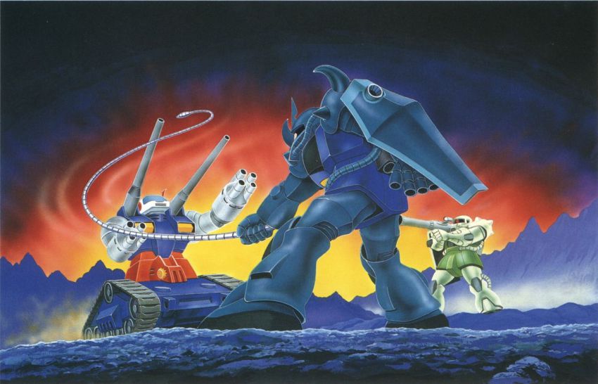 battle desert gouf gundam guntank heat_rod mecha mobile_suit_gundam mountain no_humans official_art outdoors robot rocket_launcher scan shield weapon zaku zaku_ii