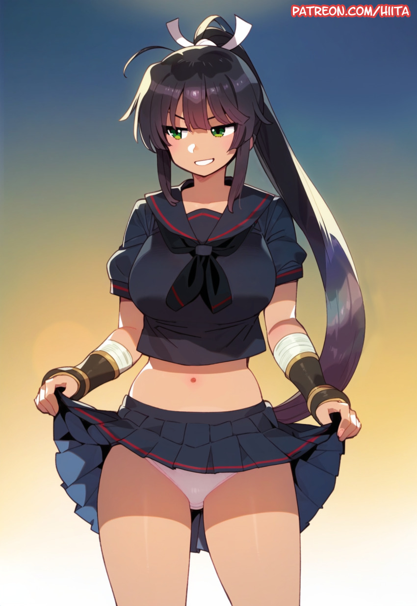 1girl ahoge ai-assisted armor black_hair black_serafuku black_skirt blue_background breasts clothes_lift curvy dark-skinned_female dark_skin gradient_background green_eyes grin hair_ribbon hebijo_academy_school_uniform high_ponytail highres hiita_(hitta_99) homura_(senran_kagura) japanese_armor kote kurokote large_breasts lens_flare lifting_own_clothes long_hair miniskirt navel panties pink_panties pleated_skirt ponytail ribbon school_uniform senran_kagura serafuku skirt skirt_lift smile solo tan teeth thighs underwear very_long_hair white_ribbon yellow_background