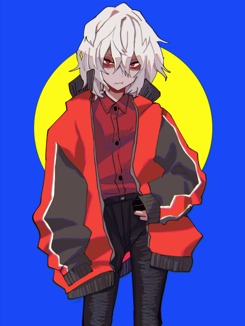 1boy anoko_(darenokoanoko) black_pants boku_no_hero_academia closed_mouth collared_shirt highres jacket long_sleeves looking_at_viewer male_focus medium_hair mole mole_under_mouth pants prosthetic_fingers red_eyes red_jacket red_shirt scar scar_on_face shigaraki_tomura shirt shirt_tucked_in sleeves_past_fingers sleeves_past_wrists solo white_hair wrinkled_skin