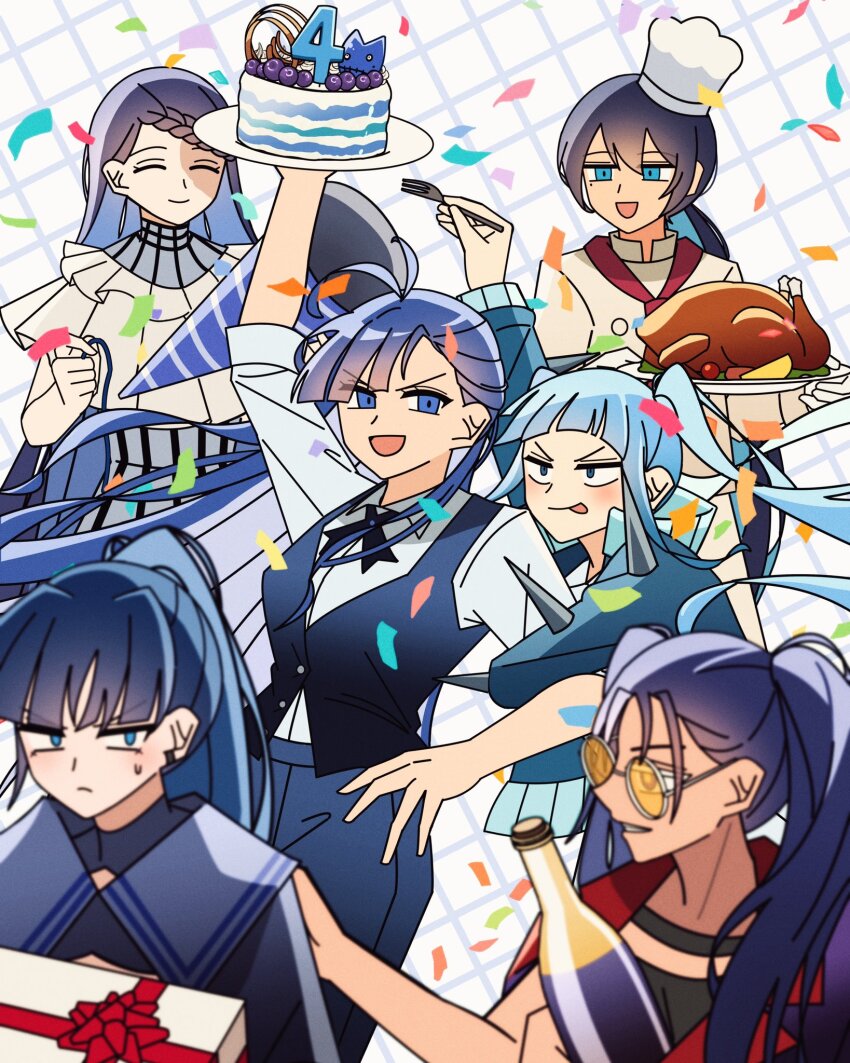 6+girls ado_(utaite) animal_ears black_hair black_shirt blue_eyes blue_hair blue_jacket blue_pants blue_vest bra cat_ears chando_(ado) chef_hat chicken_(food) commentary confetti food fork gift gira-gira-chan_(ado) gira_gira hat highres holding holding_fork implied_yuri jacket long_hair merry_(ado) mole mole_under_eye multiple_girls naima_(ado) neckerchief odo-chan_(ado) odo_(song) open_mouth pants party_popper pike_(azas_ef) ponytail readymade_(ado) red_neckerchief rule-chan_(ado) rule_(ado) shirt sun sweatdrop tinted_eyewear twintails underwear usseewa utaite vest white-framed_eyewear white_shirt yellow-tinted_eyewear