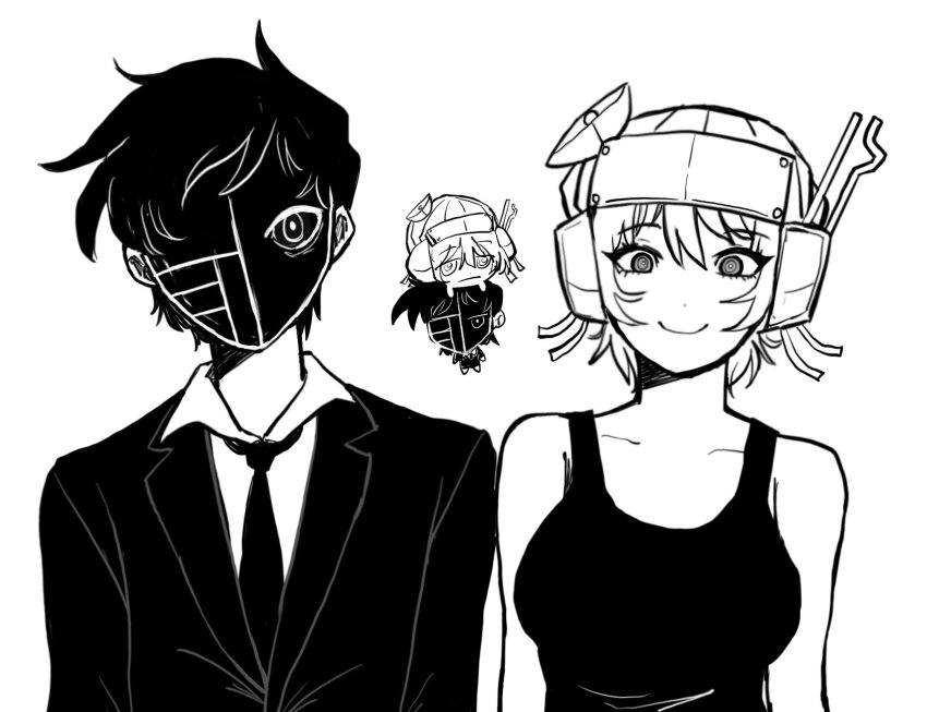 1boy 1girl black_hair black_necktie black_suit black_tank_top c&#039;venash_vishneri chibi chibi_inset formal_clothes highres king_of_mercury_(psychopomp) looking_at_viewer monochrome necktie psychopomp_(game) psychopomp_(helmet) ringed_eyes shaded_face short_hair smile suit tank_top vieunini white_background