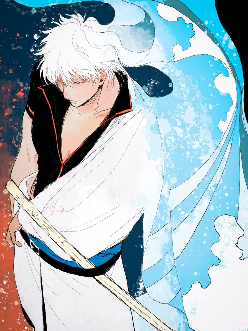 1boy belt black_belt black_shirt blue_kimono bokken closed_mouth collarbone feet_out_of_frame from_above gintama hadanugi_dousa hair_between_eyes half-closed_eyes highres japanese_clothes kimono long_sleeves male_focus open_clothes open_kimono open_shirt sakata_gintoki shirt short_hair short_sleeves signature solo standing sword two-tone_kimono weapon white_hair white_kimono wooden_sword ykefmi