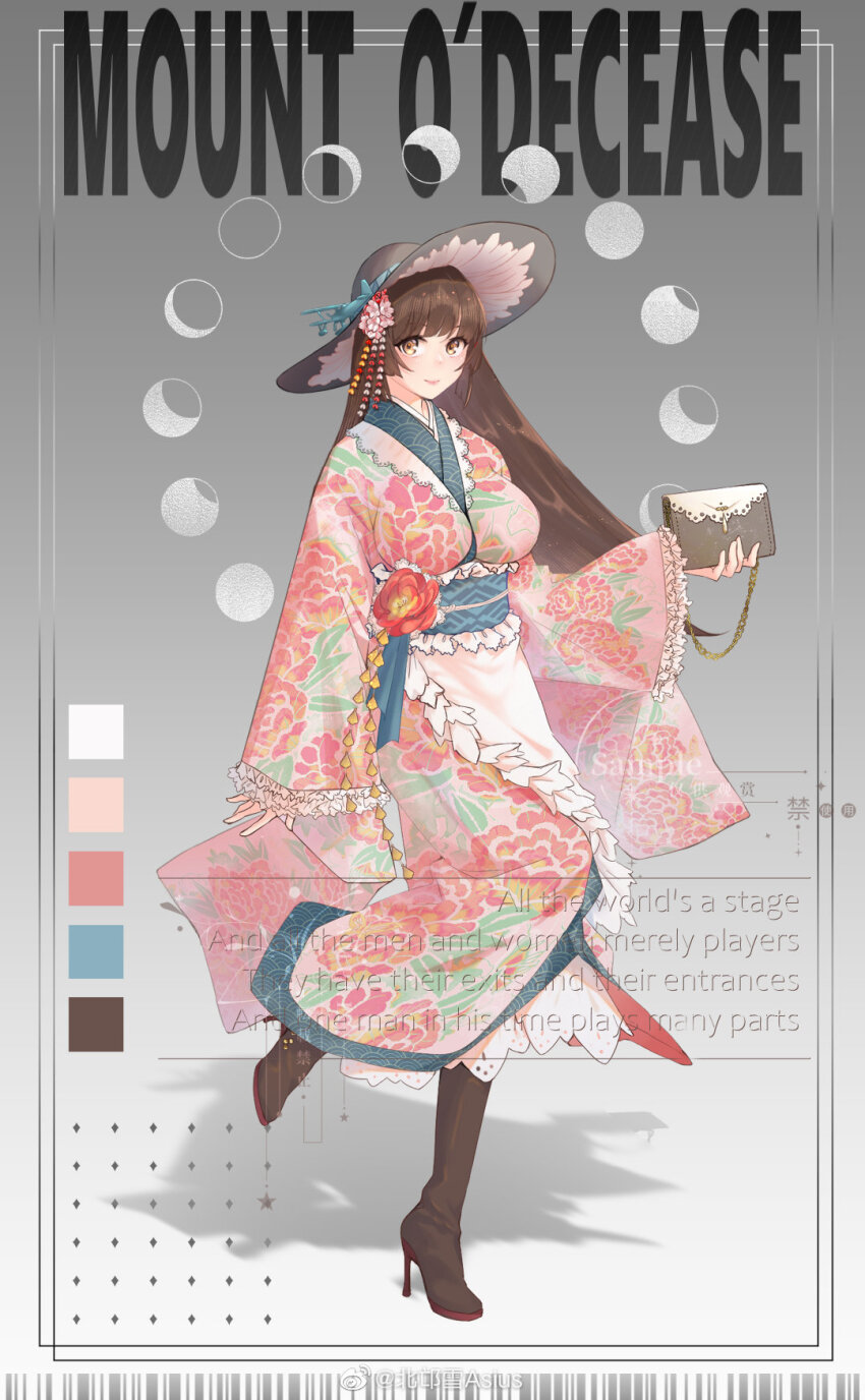 1girl alternate_costume apron bag barcode beimangxue_asius boots breasts brown_boots brown_hair english_text flower frills full_body fusou_(warship_girls_r) hair_flower hair_ornament handbag hat hat_flower high_heel_boots high_heels highres holding japanese_clothes kimono knee_boots long_hair looking_at_viewer pink_kimono sash solo taishou warship_girls_r watermark weibo_watermark wide_sleeves yellow_eyes