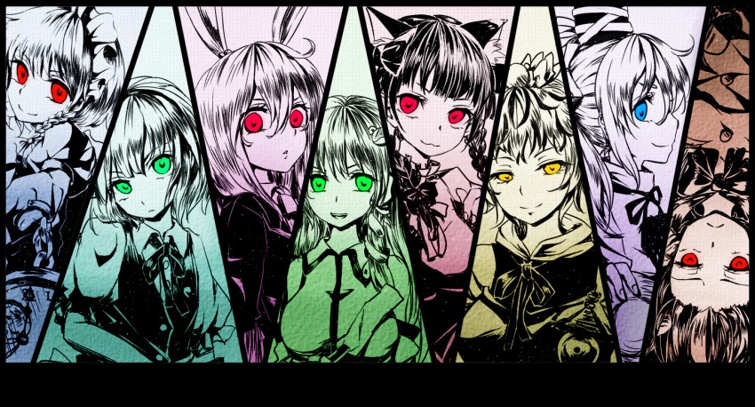 6+girls :3 animal_ears bad_id bad_pixiv_id blue_eyes braid cat_ears detached_sleeves expressionless green_eyes hair_ornament hat horns izayoi_sakuya kaenbyou_rin kijin_seija kochiya_sanae konpaku_youmu long_hair maid_headdress mononobe_no_futo multiple_girls pocket_watch rabbit_ears red_eyes reisen_udongein_inaba shironeko_yuuki short_hair smile snake_hair_ornament stage_connection tate_eboshi toramaru_shou touhou twin_braids upside-down watch yellow_eyes