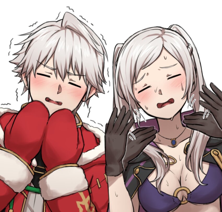 1boy 1girl bikini black_robe blush breasts cleavage closed_eyes cold commentary female_robin_(fire_emblem) fire_emblem fire_emblem_awakening fire_emblem_heroes furrowed_brow gloves highres hot jewelry large_breasts male_robin_(fire_emblem) mittens necklace nintendo o-ring o-ring_bikini official_alternate_costume open_clothes open_mouth open_robe purple_bikini red_gloves robe female_robin_(seaside_tactician)_(fire_emblem) male_robin_(festive_tactician)_(fire_emblem) short_hair simple_background sweat swimsuit symbol-only_commentary trembling twintails underboob wavy_mouth white_background white_hair zuzu_(ywpd8853)