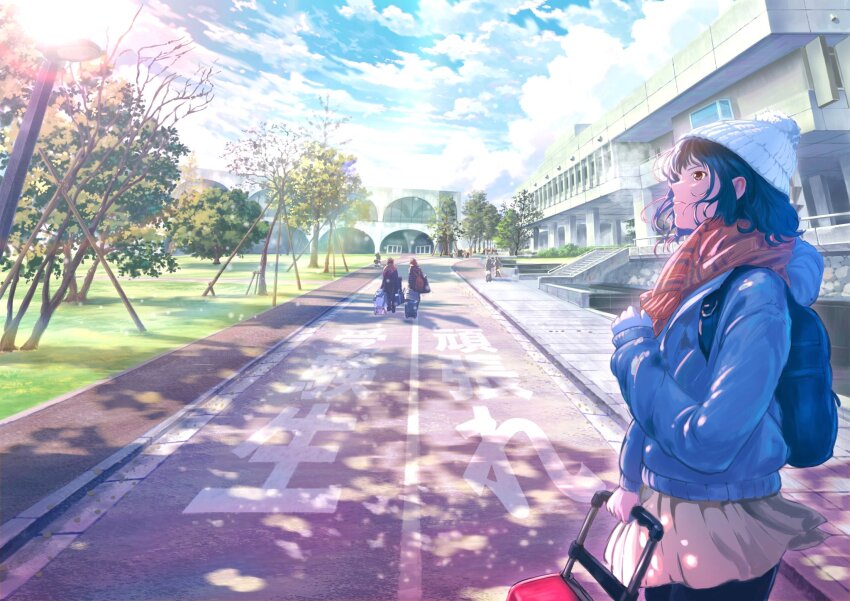 3girls beanie black_hair blue_jacket building cloud cloudy_sky dappled_sunlight day from_side hat highres hood hood_down hooded_jacket jacket jikkujiku lamppost leggings multiple_girls original outdoors people pleated_skirt pom_pom_(clothes) pom_pom_beanie profile red_scarf road rolling_suitcase scarf scenery sidewalk skirt sky street suitcase sunlight tree white_skirt
