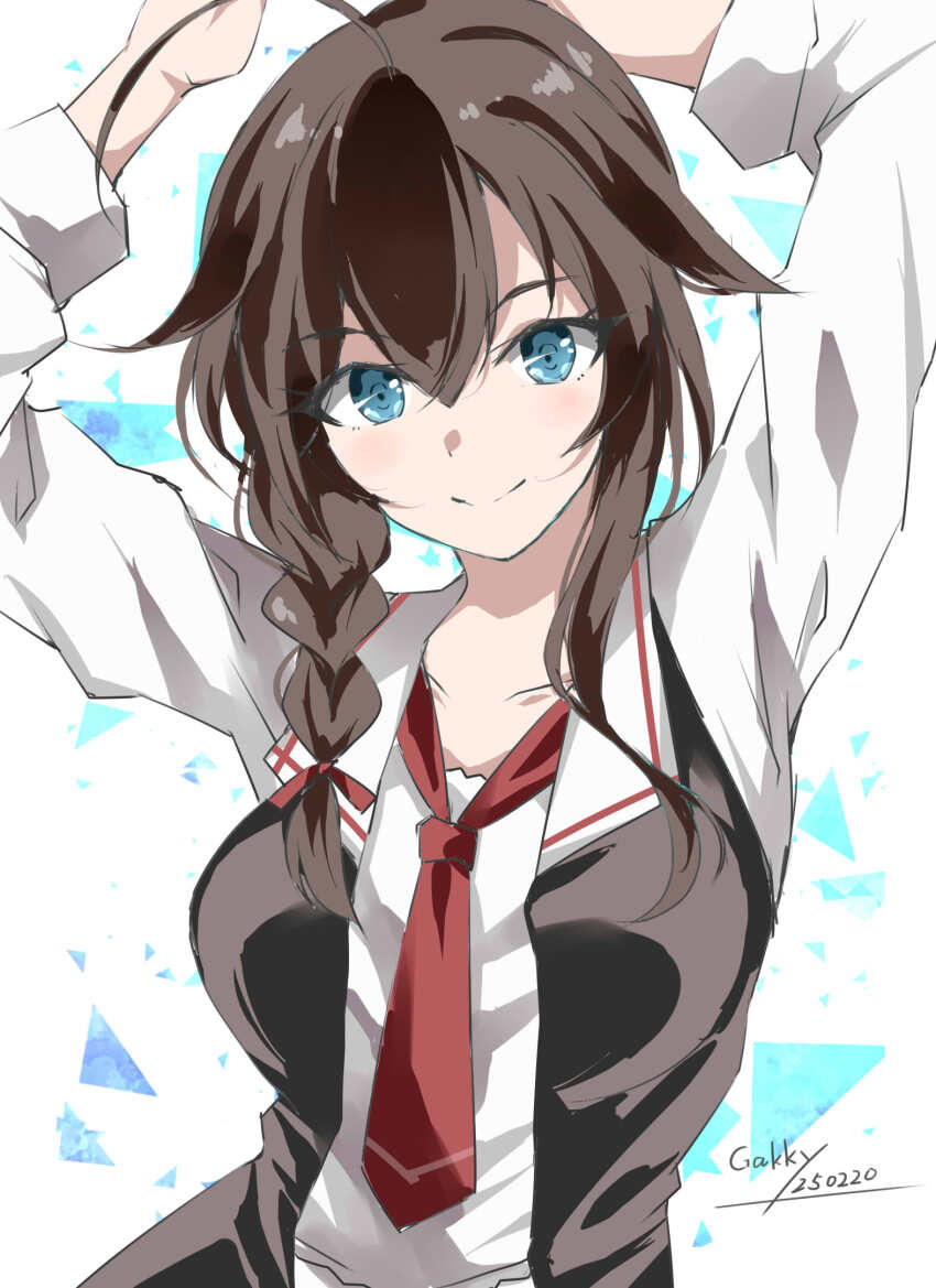 1girl ahoge arms_up black_hair black_vest blue_eyes braid gakky hair_flaps hair_over_shoulder highres kantai_collection long_hair looking_at_viewer necktie one-hour_drawing_challenge red_necktie shigure_(kancolle) shigure_(saury_festival)_(kancolle) shigure_kai_san_(kancolle) shirt single_braid smile solo vest white_shirt