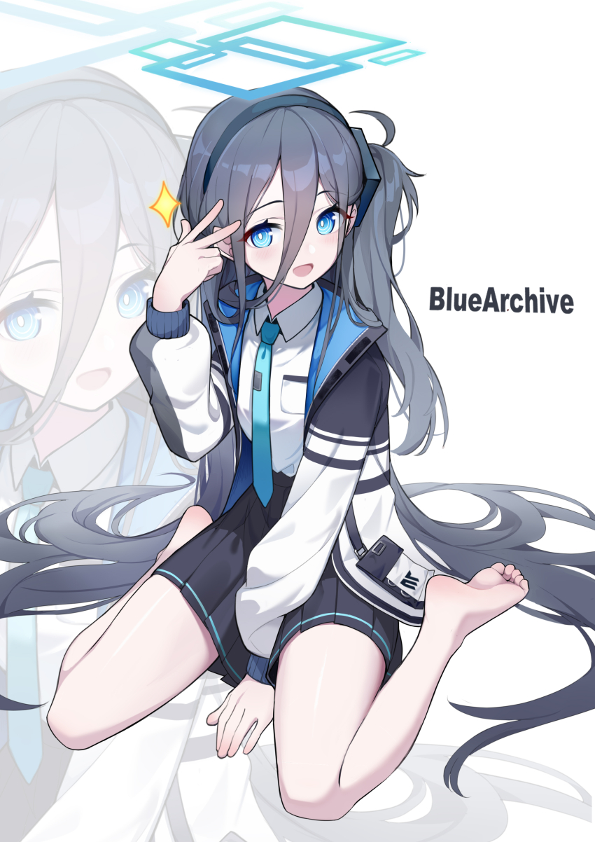 1girl :d absurdly_long_hair absurdres aqua_halo aqua_necktie aris_(blue_archive) barefoot between_legs black_hairband black_jacket black_skirt blue_archive blue_eyes blue_jacket blush breast_pocket bright_pupils chinese_commentary collared_shirt commentary_request copyright_name eyes_visible_through_hair full_body grey_hair hair_between_eyes hair_spread_out hairband halo hand_between_legs hand_up highres invisible_floor irain jacket long_bangs long_hair long_hair_between_eyes long_sidelocks long_sleeves looking_at_viewer multicolored_jacket necktie one_side_up open_clothes open_jacket open_mouth pleated_skirt pocket puffy_long_sleeves puffy_sleeves rectangular_halo ringed_eyes school_uniform shirt shirt_tucked_in sidelocks sitting skirt smile soles solo sparkle tie_clip toes two-sided_fabric two-sided_jacket very_long_hair w wariza white_background white_jacket white_pupils white_shirt zoom_layer