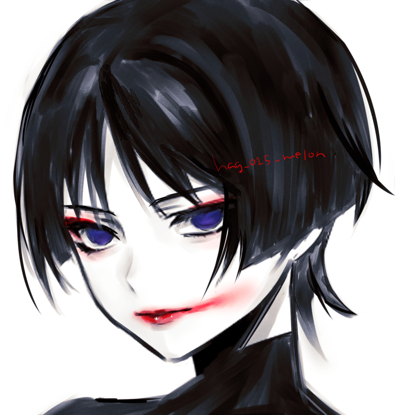 1boy black_bodysuit black_hair blunt_ends bodysuit empty_eyes eyeliner eyeshadow genshin_impact hag_(hag_015) highres lipstick looking_at_viewer makeup male_focus portrait purple_eyes red_eyeliner red_eyeshadow red_lips sanpaku scaramouche_(genshin_impact) skirt smeared_lipstick solo turtleneck turtleneck_bodysuit white_background white_skirt