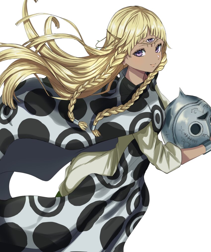 1girl blonde_hair braid closed_mouth dark-skinned_female dark_skin eupha_(metaphor:_refantazio) floating_hair grey_shirt helmet highres lips long_hair long_sleeves metaphor:_refantazio pink_lips poncho purple_eyes s-m-53413 shirt simple_background smile solo third_eye twin_braids unworn_headwear unworn_helmet white_background