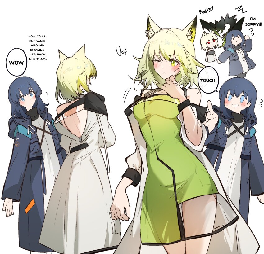 &gt;_&lt; 2girls ^^^ animal_ear_fluff animal_ears arknights arya_melati bare_shoulders blue_coat blue_eyes blue_hair blush character_name closed_mouth coat commentary doctor_(arknights) dot_mouth dress english_commentary english_text female_doctor_(arknights) flying_sweatdrops green_dress green_hair grey_hair highres hood hood_down hooded_coat kal&#039;tsit_(arknights) long_sleeves material_growth medium_hair mon3tr_(arknights) mon3tr_(summon)_(arknights) motion_lines multiple_girls multiple_views one_eye_closed open_clothes open_coat oripathy_lesion_(arknights) short_hair simple_background speech_bubble standing white_background yellow_eyes