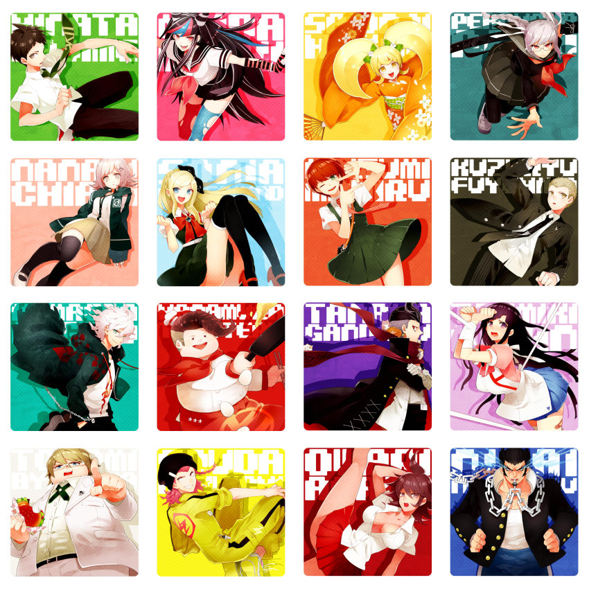 10s 6+boys 6+girls animal backpack bag bandages beanie black_hair black_legwear blonde_hair blue_eyes blush_stickers braid breasts brown_eyes brown_hair burger chain cham-p character_name chef_hat chef chopsticks chuunibyou danganronpa:_trigger_happy_havoc danganronpa_(series) danganronpa_2:_goodbye_despair flipped_hair food formal_clothes freckles frying_pan glasses grey_eyes gum_(gmng) gumidemo_kandero hair_ornament hairclip hamster hanamura_teruteru hat highres hinata_hajime hood hoodie jacket jum-p jumpsuit koizumi_mahiru komaeda_nagito kuzuryu_fuyuhiko long_hair maga-g medium_breasts mioda_ibuki multicolored_hair multiple_boys multiple_girls nanami_chiaki necktie nidai_nekomaru open_clothes open_mouth open_shirt owari_akane pantyhose pekoyama_peko pink_eyes pink_hair purple_eyes purple_hair red_eyes ribbon saionji_hiyoko scabbard scar scarf school_uniform serafuku sheath shirt short_hair skirt smile sonia_nevermind soda_kazuichi suit sun-d tanaka_gundham tanaka_gundam thighhighs togami_byakuya togami_byakuya_(danganronpa_2) torn_clothes tsumiki_mikan twin_braids white_hair yellow_eyes