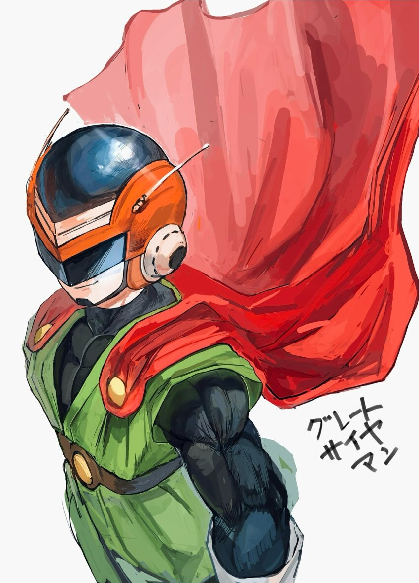 1boy assault_visor belt black_bodysuit bodysuit cape dragon_ball dragonball_z great_saiyaman green_tunic haihunn58 helmet highres male_focus muscular muscular_male orange_helmet red_cape simple_background smirk solo son_gohan tunic upper_body white_background