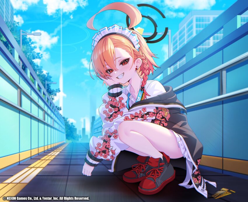 1girl ahoge asymmetrical_bangs black_jacket blue_archive blue_ribbon blush braid c.honey floral_print grey_shoes grin hair_between_eyes hairband highres huge_ahoge jacket long_hair looking_at_viewer maid_headdress neru_(blue_archive) red_eyes red_hair ribbon shirt shoes sidelocks single_braid skirt smile solo squatting sukajan white_hairband white_shirt white_skirt