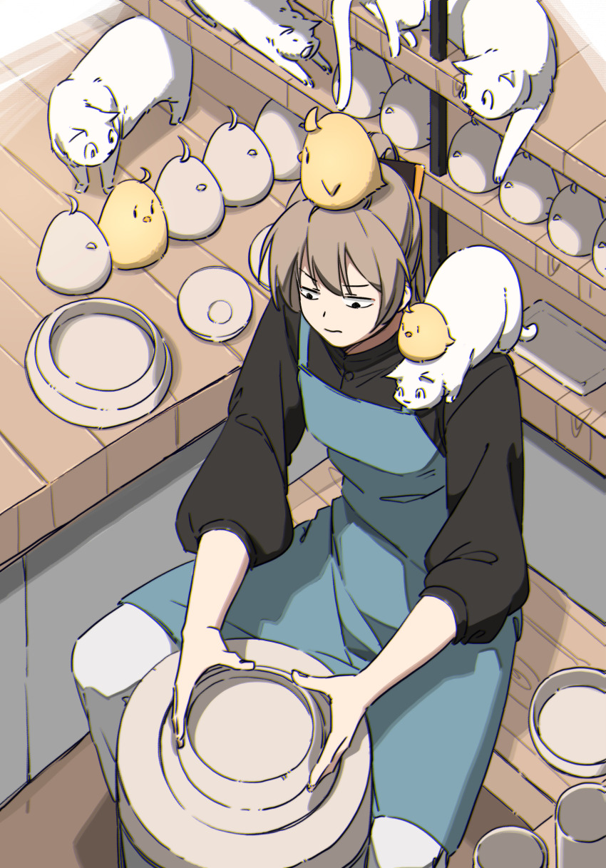 1girl alternate_costume animal animal_on_head animal_on_shoulder apron azur_lane baby_animal bird black_shirt blue_apron brown_hair cat chick hair_ribbon hatski.sin highres jean_bart_(azur_lane) kazagumo_(kancolle) long_hair manjuu_(azur_lane) on_head pants ponytail ribbon shirt sitting solo too_many