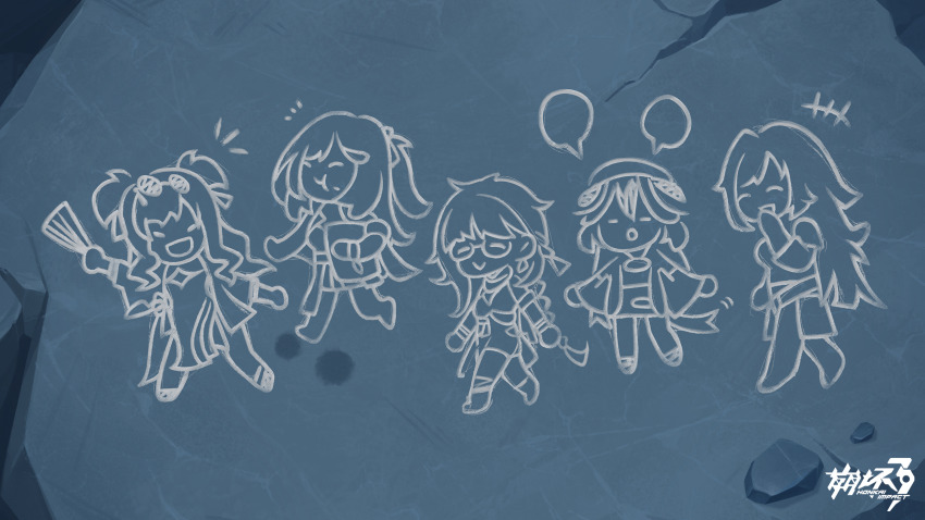 +++ closed_eyes closed_mouth coralie_6626_planck coralie_6626_planck_(valkyrie_blastmetal) drawing_(object) entropy_(honkai_impact_3rd) erdos_helia erdos_helia_(valkyrie_boltstorm) female_dreamseeker_(honkai_impact) graffiti highres honkai_(series) honkai_impact_3rd no_humans official_art official_wallpaper open_mouth rock rubble senadina senadina_(deepspace_anchor:_first_light) songque songque_(astralop)