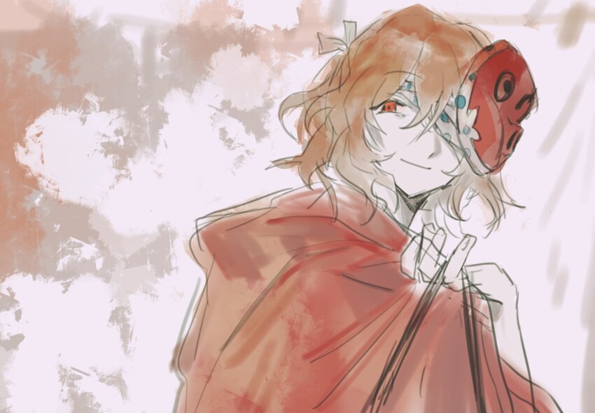 1other ametsukana_yago androgynous bandage_over_one_eye brown_hair closed_mouth fingernails highres holding japanese_clothes kimono len&#039;en long_sleeves looking_at_viewer mask mask_on_head mxx33 noh_mask other_focus red_eyes red_kimono red_mask short_hair sketch smile solo tree upper_body white_background wide_sleeves