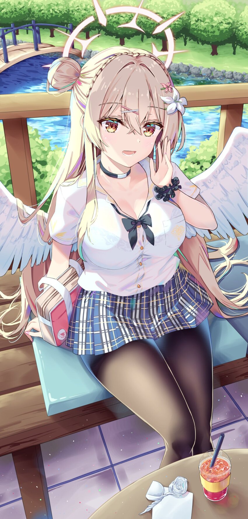 1girl alternate_costume angel_wings bench black_choker black_pantyhose black_scrunchie blue_archive blue_skirt bra_visible_through_clothes breasts bridge brown_eyes brown_halo choker cleavage collared_shirt commentary cup disposable_cup flower gyaru hair_bun hair_flower hair_ornament hair_spread_out halo hand_up highres large_breasts light_brown_hair long_hair looking_at_viewer lower_teeth_only miniskirt nagisa_(blue_archive) natie on_bench open_mouth outdoors pantyhose park park_bench pink_bag plaid_clothes plaid_skirt pleated_skirt river scrunchie shirt short_sleeves single_side_bun sitting skirt solo teeth tree very_long_hair white_flower white_shirt white_wings wings wooden_bridge wrist_scrunchie