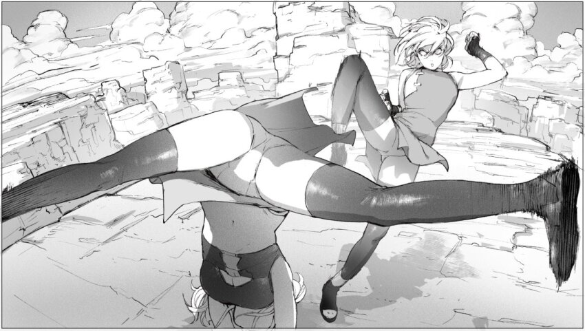 12v 2girls bare_shoulders battle blank_eyes breasts cliff cloud crop_top day detached_sleeves dress duel floating_hair greyscale hair_between_eyes hand_up handstand kicking knee_up medium_breasts miniskirt monochrome motion_blur multiple_girls nature original outdoors panties pantyshot pelvic_curtain sandals shoe_soles short_dress short_hair skirt sky sleeveless sleeveless_dress small_breasts spread_legs standing standing_on_one_leg swimsuit thighhighs underwear upside-down