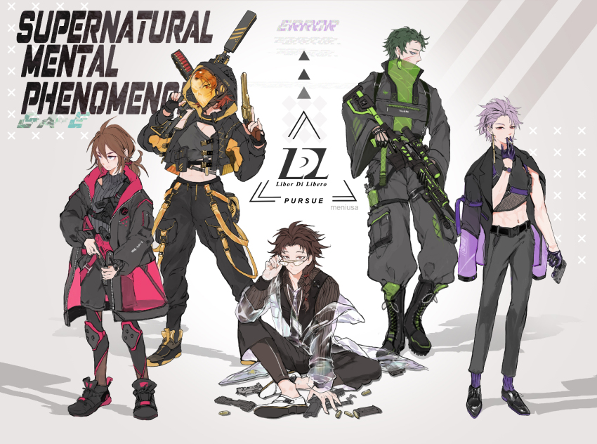1girl 4boys adjusting_eyewear alternate_costume alternate_eye_color alternate_footwear ammunition annie_(saibou_shinkyoku) belt black_belt black_boots black_coat black_gloves black_jacket black_pants black_shirt black_shoes black_shorts black_sweater black_vest blue_eyes boots braid brown_hair brown_shirt cigarette closed_mouth coat commentary_request crop_top dreyfus_zweig earrings english_text facial_scar fingerless_gloves full_body glasses gloves green_eyes green_hair gun hair_between_eyes half_gloves handgun harada_minoru high_collar highres holding holding_gun holding_weapon hood hood_up hooded_jacket isoi_reiji jacket jewelry lanyard long_sleeves male_focus medium_hair meniusa_lau multiple_boys navel open_clothes open_coat open_jacket pants ponytail purple_hair purple_socks red_eyes red_hair ribbed_sweater rifle saibou_shinkyoku sanpaku scar scar_on_cheek scar_on_face scar_on_forehead see-through_clothes see-through_jacket see-through_necktie shirt shoes short_hair shorts side_braid single_braid sitting sniper_rifle socks striped_clothes striped_shirt sweater theodore_riddle turtleneck turtleneck_sweater vertical-striped_clothes vertical-striped_shirt vest watch weapon white_shoes wide_sleeves wristwatch