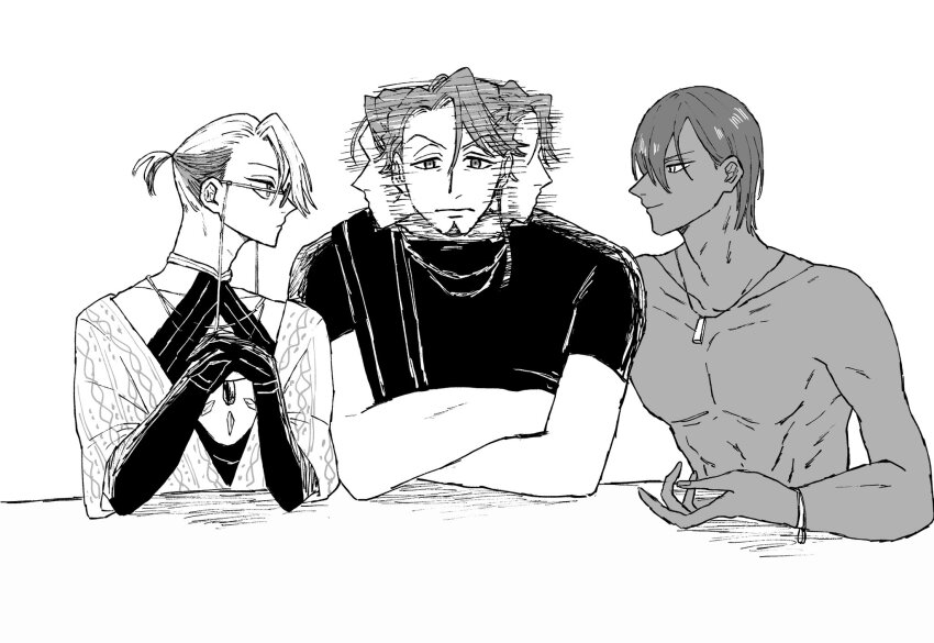 3boys afterimage ashwatthama_(fate) boy_sandwich confused duryodhana_(fate) earrings facial_hair fate/grand_order fate_(series) goatee goatee_stubble greyscale highres jewelry karna_(fate) karna_(summer_outfit)_(fate) long_hair looking_around male_focus mature_male mochimochibako monochrome multiple_boys muscular muscular_male official_alternate_costume parody purple_hair sandwiched short_hair simple_background stubble the_weaker_sex_1_(gibson) thick_eyebrows toned toned_male topless_male turning_head upper_body yaoi