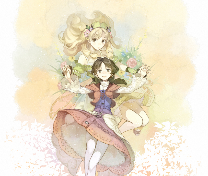 2girls absurdres atelier_(series) atelier_ayesha ayesha_altugle bare_shoulders blonde_hair blue_flower brown_eyes brown_hair dress flower full_body green_dress green_hat hair_flower hair_ornament hat hidari_(left_side) highres holding_hands long_hair looking_at_viewer multiple_girls nio_altugle off-shoulder_dress off_shoulder official_art open_mouth pantyhose pink_flower short_hair siblings sisters smile sweater white_pantyhose white_sweater wrist_cuffs