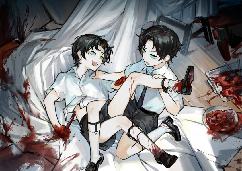 2boys :d absurdres black_hair black_necktie black_shoes black_shorts blood blood_on_clothes blood_on_hands blue_eyes chair collared_shirt corpse eyeball full_body green_eyes hand_on_another&#039;s_shoulder heterochromia highres holding holding_knife implied_death knife leg_over_thigh looking_at_another male_focus multiple_boys necktie on_ground on_one_knee open_mouth organs original out_of_frame pinned plate shirt shoes short_hair shorts siblings smile socks tablecloth teeth tray twins upper_teeth_only white_shirt white_socks wooden_floor wuruko