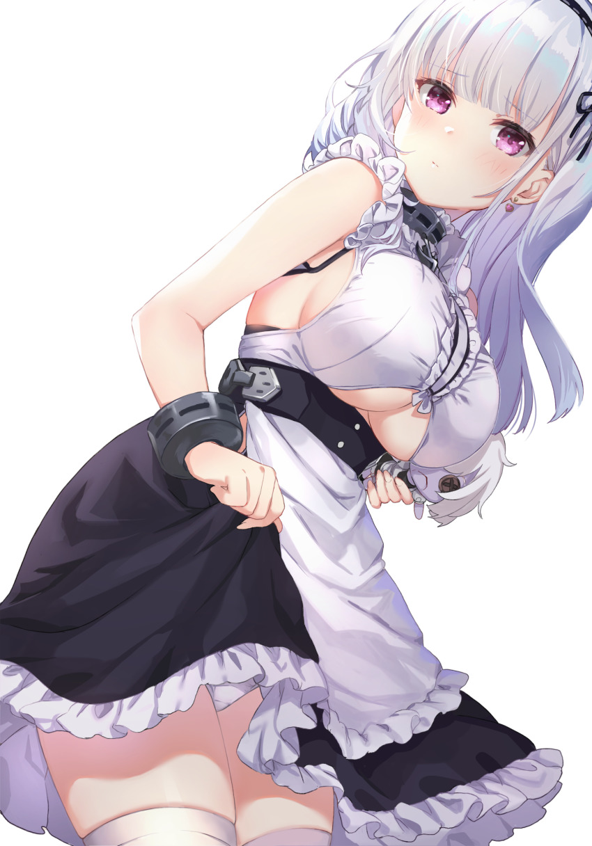1girl apron azur_lane black_ribbon black_skirt blunt_bangs blush bracelet breasts button_eyes buttons center_frills closed_mouth clothes_lift clothing_cutout commentary_request cowboy_shot dido_(azur_lane) doll earrings female_focus frilled_shirt frilled_skirt frills hair_ribbon hairband heart heart_earrings highres holding holding_doll jewelry kon_(k0n16) large_breasts lifting_own_clothes long_hair panties purple_eyes ribbon shirt silver_hair simple_background skirt skirt_lift sleeveless sleeveless_shirt solo thighhighs underboob underboob_cutout underwear upskirt waist_apron white_apron white_background white_panties white_shirt white_thighhighs