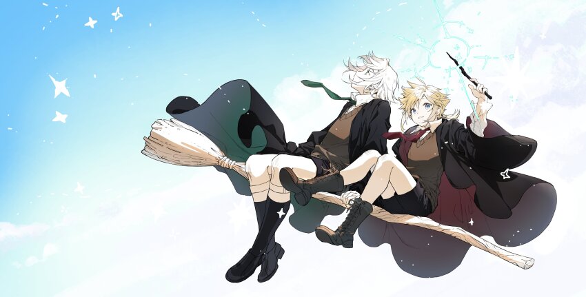 absurdres aged_down alternate_universe bailu_hengjiang black_footwear black_robe black_shorts black_socks blonde_hair blue_eyes blue_sky boots broom broom_riding brown_footwear brown_sweater_vest chinese_commentary cloud cloud_strife cloudy_sky collared_shirt commentary_request cosplay expressionless final_fantasy final_fantasy_vii final_fantasy_vii_ever_crisis flying green_eyes green_necktie gryffindor hand_up harry_potter_(series) highres hogwarts_school_uniform holding holding_hands holding_wand kneehighs legwear_garter light_particles long_hair long_sleeves looking_at_viewer looking_to_the_side looking_up low_ponytail magic necktie ponytail red_necktie robe school_uniform sephiroth sephiroth_(ever_crisis) shirt short_hair shorts sidelocks sky slytherin socks sweater_vest two-sided_robe wand white_hair white_shirt wizarding_world