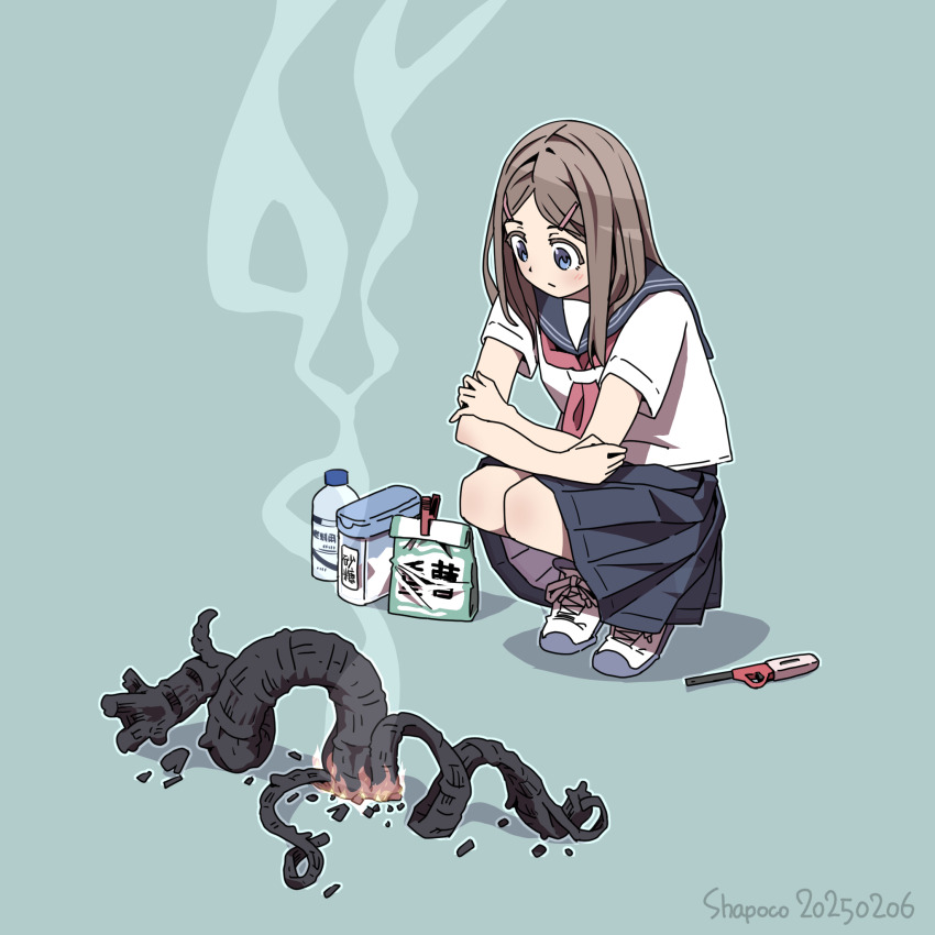1girl black_snake_(firework) blue_eyes brown_hair grey_sailor_collar grey_skirt highres lighter long_hair miniskirt neckerchief original pleated_skirt red_neckerchief sailor_collar school_uniform serafuku shapoco shirt shoes short_sleeves simple_background skirt smoke sneakers solo squatting wand_lighter white_shirt