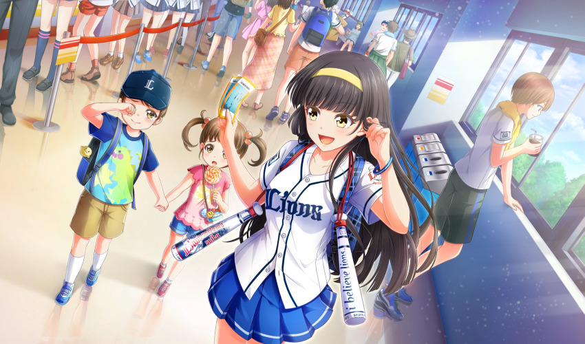 :d backpack bag bag_charm baseball_cap baseball_uniform black_hair black_shorts blue_footwear blue_hat blue_shorts blue_skirt blunt_bangs charm_(object) cinderella_series commentary_request crowd cup disposable_cup drinking_straw dutch_angle film_grain game_cg hachigatsu_no_cinderella_nine hair_bobbles hair_ornament hairband hand_in_own_hair hat highres holding holding_cup holding_hands holding_ticket indoors light_particles light_rays long_hair looking_at_another multiple_boys multiple_girls nippon_professional_baseball non-web_source official_art open_mouth pink_shirt pink_shoes pleated_skirt print_shirt saitama_seibu_lions shirt shoes shorts skirt smile socks sportswear stanchion sunbeam sunlight teardrop tears ticket trash_can tsukishima_yui_(hachigatsu_no_cinderella_nine) walking white_socks window wiping_tears yellow_eyes yellow_hairband