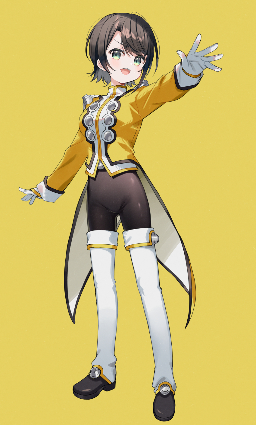1girl :d absurdres black_bodysuit black_hair black_shoes blush bodysuit bodysuit_under_clothes breasts full_body gloves green_eyes highres hololive jacket long_sleeves looking_at_viewer medium_breasts meito_(maze) oozora_subaru open_mouth outstretched_arm shoes short_hair simple_background sleeves_past_wrists smile solo standing virtual_youtuber white_gloves yellow_background yellow_jacket