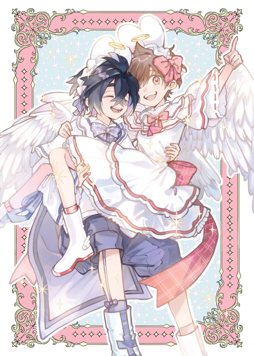 absurdres alternate_costume angel_wings animal_ears black_hair blush boots bow brown_hair carrying closed_eyes commentary_request crossdressing dress fake_animal_ears fake_halo feathered_wings florian_(pokemon) hair_bow halo hei_tai_(kyaputen1) highres kieran_(pokemon) nintendo one_eye_closed open_mouth pink_bow pointing pokemon pokemon_sv princess_carry purple_bow purple_hair sparkle trap white_dress white_footwear white_wings wide_sleeves wings yaoi