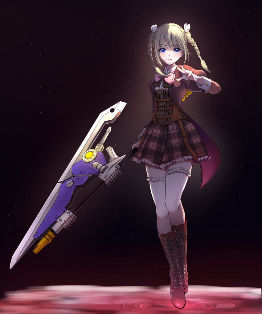 1girl absurdres arm_at_side assault_lily belt black_background blue_eyes boots bow bowtie braid brown_belt brown_boots brown_hair brown_jacket brown_skirt buttons closed_mouth collared_shirt commentary corset fingernails frilled_skirt frilled_thighhighs frills full_body gradient_background hair_ribbon hand_up highres holding holding_weapon jacket juliet_sleeves kishimoto_lucia_raimu knee_boots lace-up_boots light_particles long_sleeves looking_at_viewer ludvico_private_girls&#039;_academy_school_uniform medium_hair miniskirt multiple_belts open_clothes open_jacket pink_bow pink_bowtie plaid_clothes plaid_skirt puffy_sleeves ribbon ryokucha_(cha_22_7) school_uniform shirt skirt solo thighhighs twin_braids twintails underbust walking weapon white_ribbon white_shirt white_thighhighs zettai_ryouiki zipper zipper_pull_tab