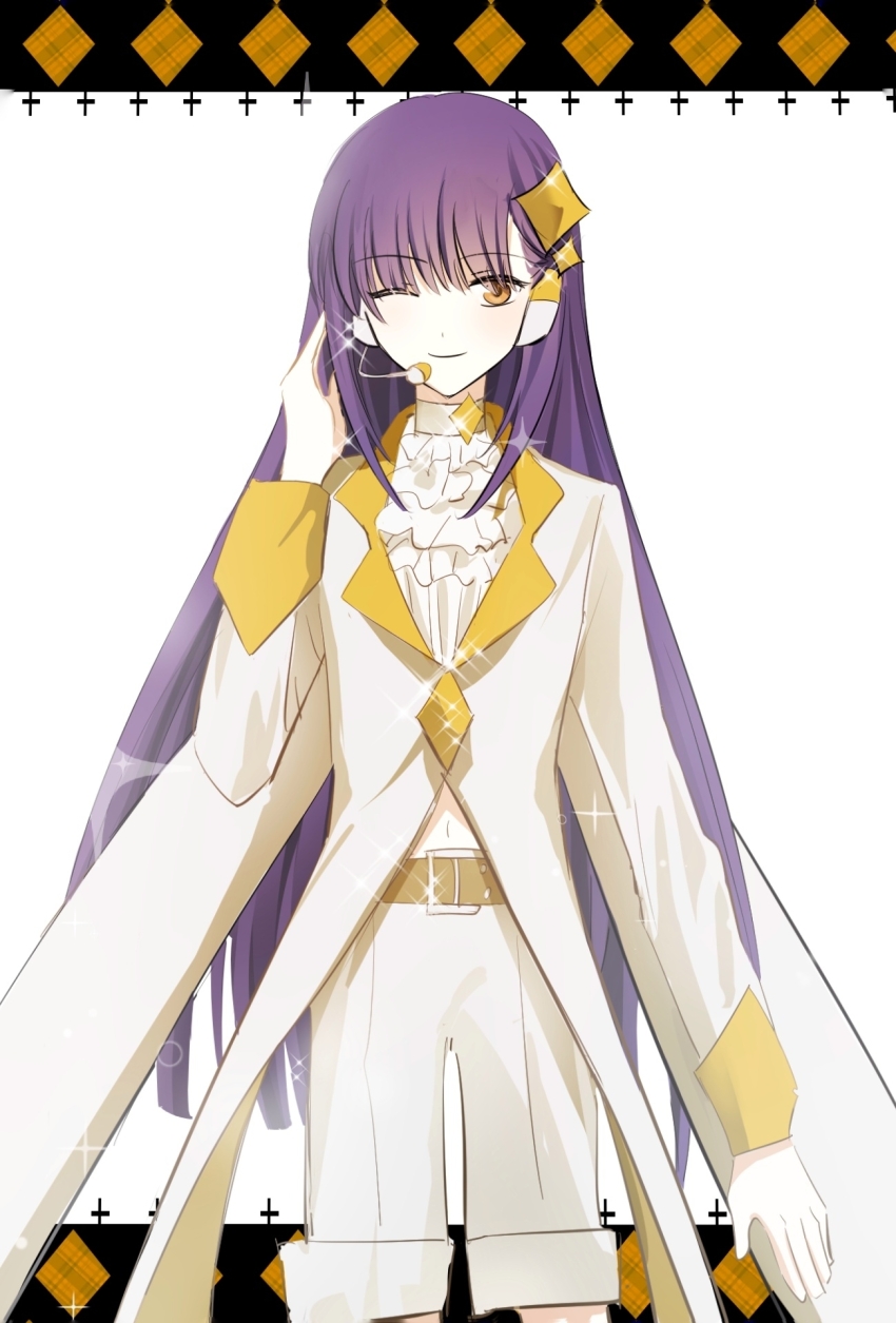 1boy amulet_dia amulet_dia_(cosplay) androgynous ascot belt brown_belt coat cosplay diamond_hair_ornament fujisaki_nagihiko garlictang headset highres long_sleeves male_focus one_eye_closed orange_eyes purple_hair shirt shugo_chara! white_background white_coat white_shirt