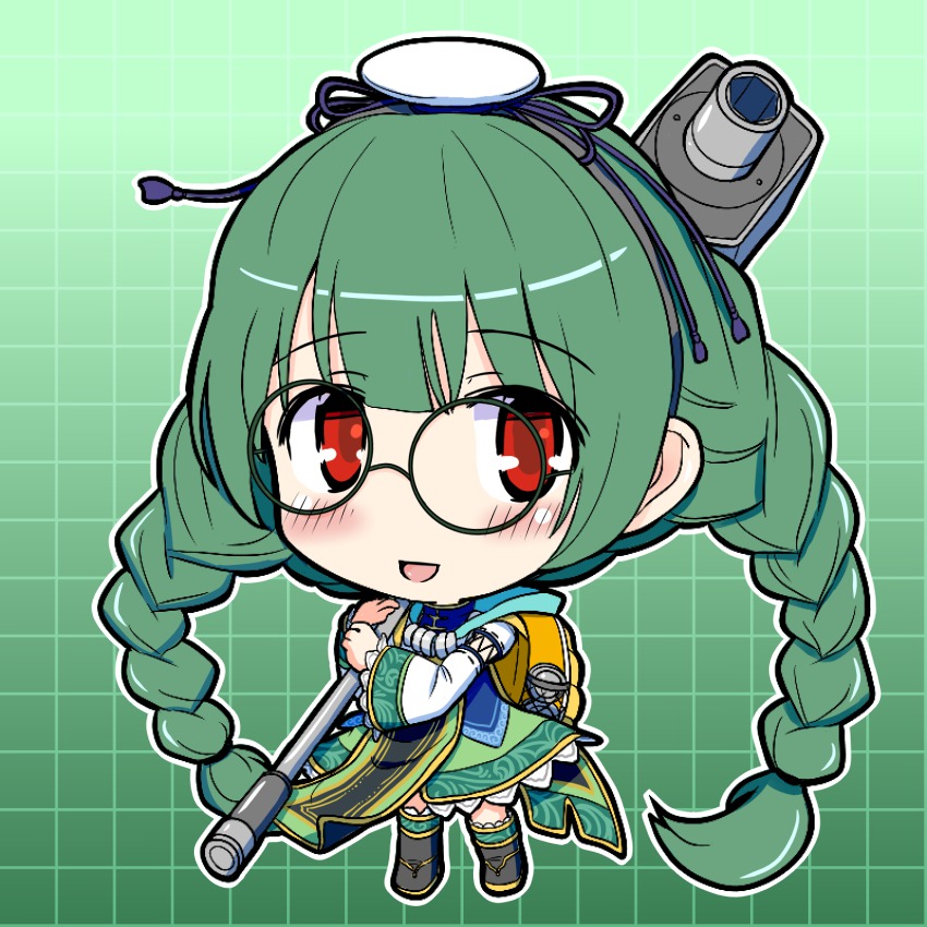 1girl backpack bag blush braid chibi dress eruru_(erl) female_focus glasses gradient_background green-framed_eyewear green_background green_dress green_hair hairband highres holding long_hair long_sleeves ole_tower open_mouth outline red_eyes smile socket_wrench socket_wrench_(ole_tower) socket_wrench_m36_(ole_tower) solo twin_braids