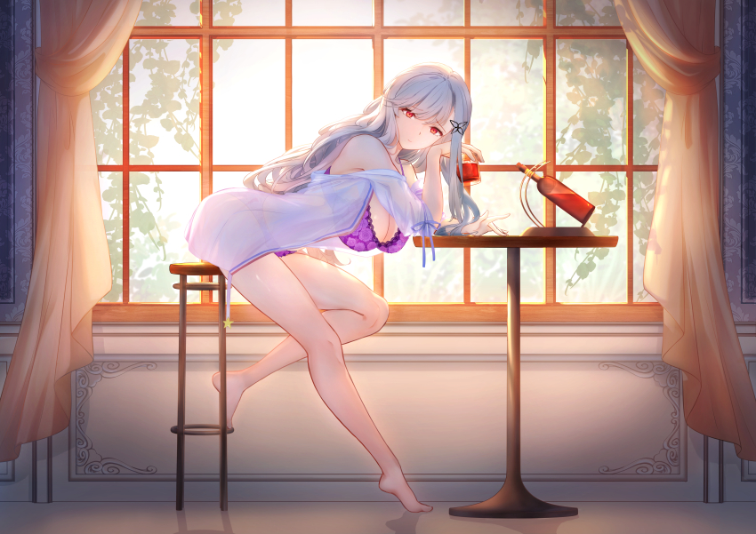 1girl absurdres akai-shiya azur_lane bare_shoulders bent_over bra breasts cup curtains dunkerque_(afternoon_venus)_(azur_lane) dunkerque_(azur_lane) from_side full_body grey_hair hanging_breasts highres holding holding_cup huge_breasts indoors lace lace-trimmed_bra lace_trim long_hair looking_at_viewer panties pink_bra pink_panties red_eyes round_table see-through_clothes see-through_shirt shirt sitting solo table underwear window