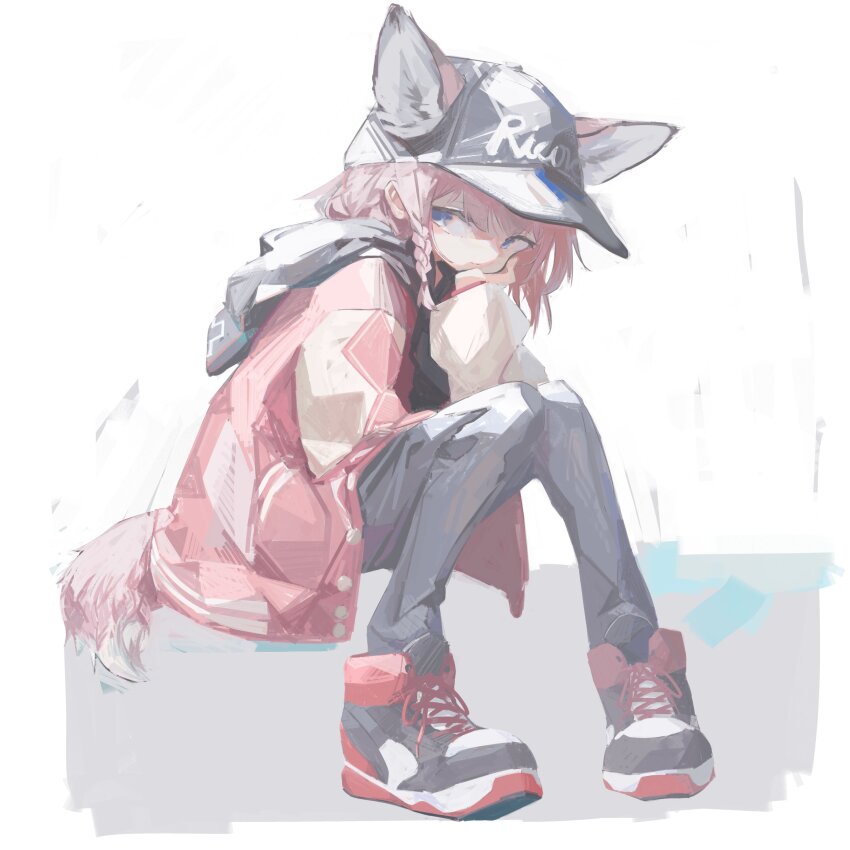 1girl abstract_background absurdres animal_ears arknights baseball_cap black_hat black_hoodie black_pants blue_eyes braid closed_mouth codemoretech commentary_request ears_through_headwear expressionless fox_ears fox_girl fox_tail full_body grey_background hand_on_lap hand_on_own_chin hat head_rest highres hood hood_down hoodie jacket jacket_over_hoodie letterman_jacket long_sleeves looking_at_viewer pants pink_hair red_jacket shoes short_hair side_braid sitting sneakers solo sussurro_(arknights) sussurro_(travel_freely)_(arknights) tail white_background