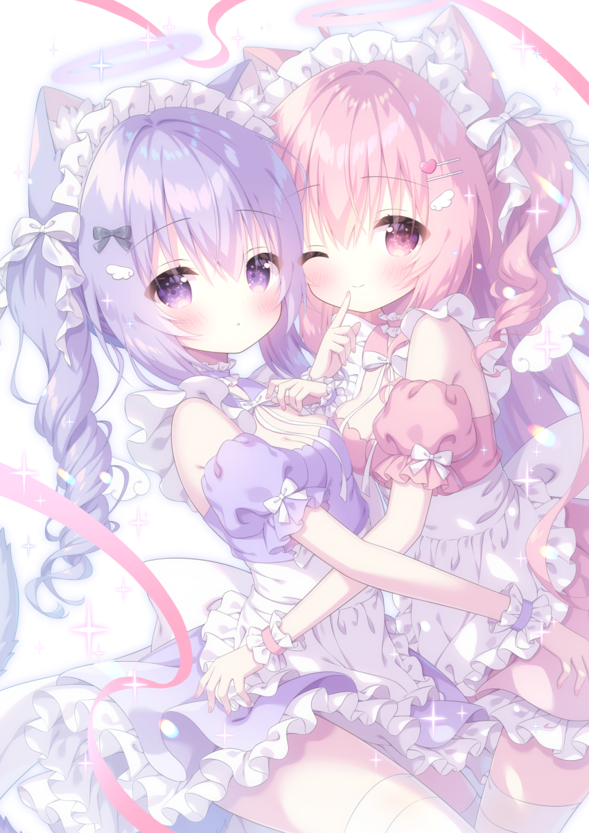 2girls ;) ahoge animal_ear_fluff animal_ears apron black_bow blush bow cat_ears cat_girl cat_tail closed_mouth comiket_103 commentary_request detached_sleeves dress frilled_apron frilled_dress frilled_wrist_cuffs frills hair_bow hair_ornament halo hand_on_another&#039;s_chin hand_on_another&#039;s_waist heart heart_hair_ornament highres kamishiro_piyo long_hair maid maid_headdress multiple_girls neck_ribbon one_eye_closed original pink_dress pink_hair pink_sleeves puffy_short_sleeves puffy_sleeves purple_dress purple_eyes purple_hair ribbon short_sleeves smile sparkle tail thighhighs twintails two_side_up white_apron white_bow white_ribbon white_thighhighs wing_hair_ornament wrist_cuffs