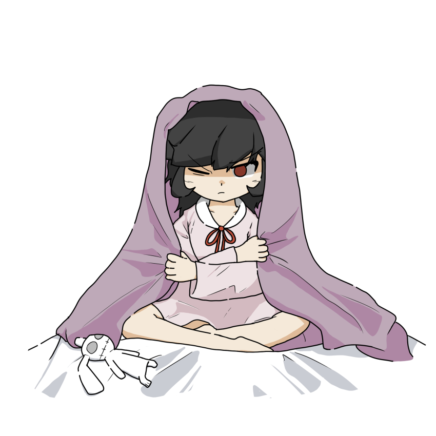 1girl ashley_(warioware) black_hair blanket closed_mouth crossed_legs female_focus highres long_hair long_sleeves nintendo one_eye_closed pajamas red_eyes simple_background sitting solo stuffed_animal stuffed_rabbit stuffed_toy under_covers warioware white_background
