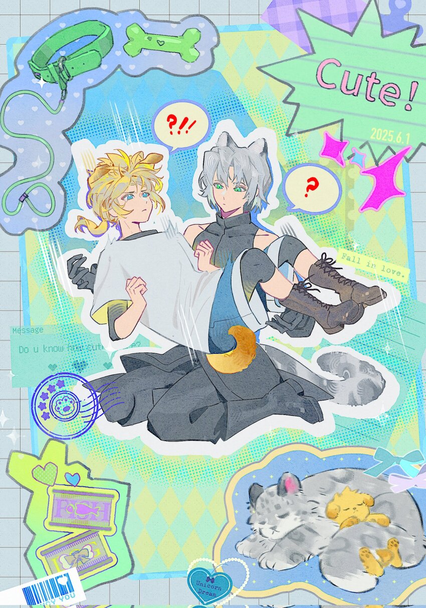 !? 2boys ? aged_down animal_ears animalization black_boots black_coat black_pants black_shirt blonde_hair blue_eyes blue_pants boots brown_boots catching clenched_hands closed_eyes cloud_strife coat collage_background curled_tail dog dog_ears dog_tail english_text falling final_fantasy final_fantasy_vii final_fantasy_vii_ever_crisis floppy_ears full_body furrowed_brow grey_hair hands_up highres hygee_524 knee_boots layered_shirt light_frown long_sleeves lying male_focus medium_hair multiple_boys no_armor on_back on_stomach outline pants sephiroth sephiroth_(edged_wings) sephiroth_(ever_crisis) shirt short_hair sitting sleeping sleeveless sleeveless_coat snow_leopard snow_leopard_ears snow_leopard_tail speech_bubble t-shirt tail wariza white_outline white_shirt